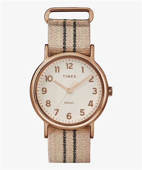 weekender 38mm metallic striped fabric strap watch|timex leather strap watches.